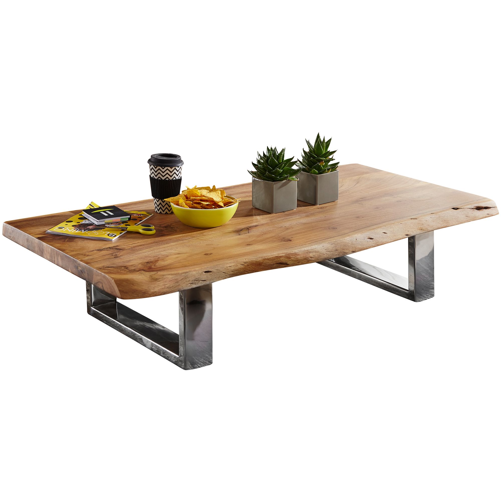 WOHNLING Couchtisch ASURA 115 x 25 x 58 cm Akazie Massiv Holz Metallgestell groß