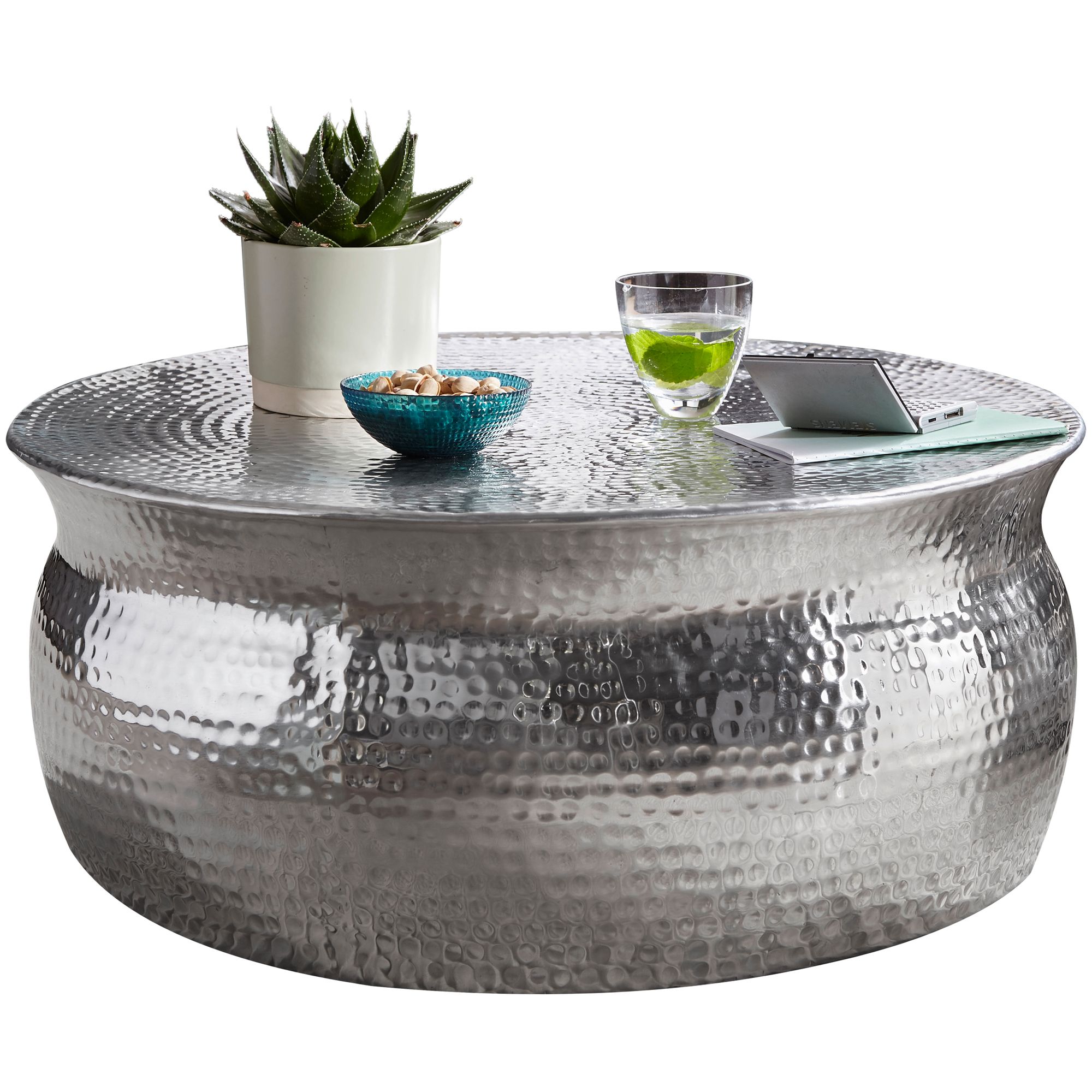 WOHNLING Couchtisch KARAM Aluminium Silber Beistelltisch orientalisch rund
