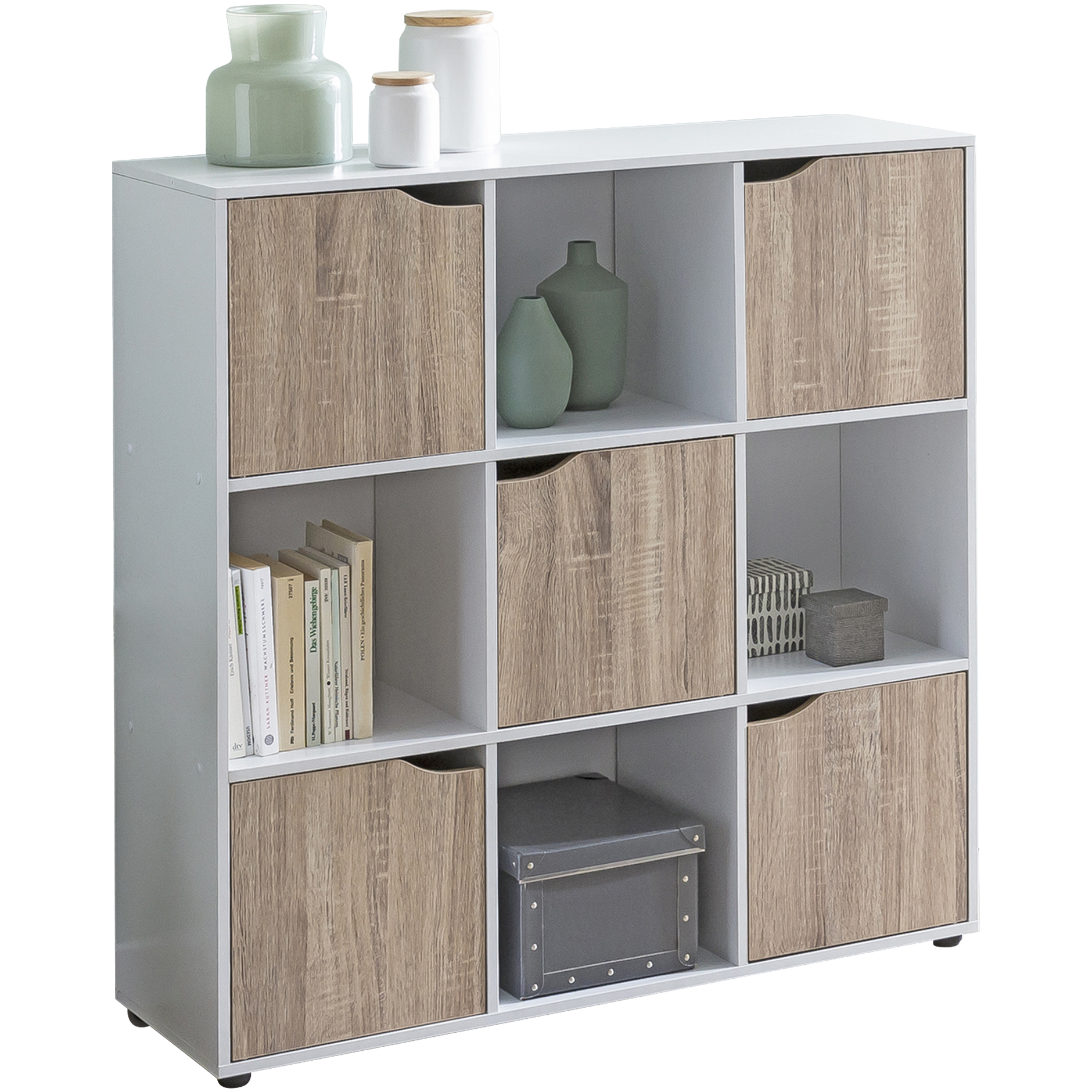 WOHNLING Sideboard SAMO 89 x 91 x 29 cm Bücherregal mit 9 Fächern Sonoma | Standregal mit 5 Türen