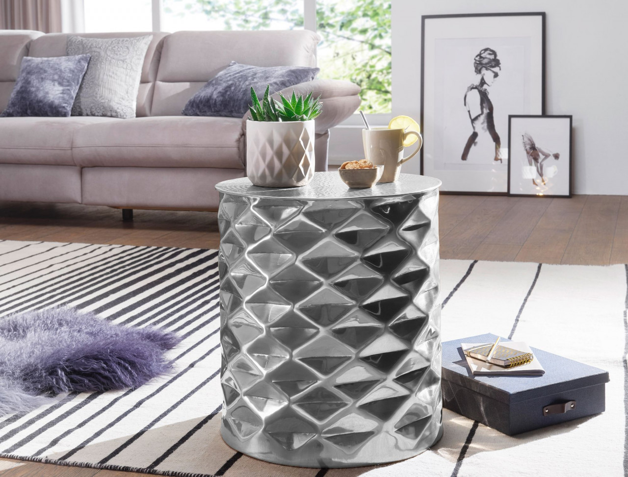 WOHNLING Beistelltisch GOPAL Aluminium Orientalisch Couchtisch Silber Rund