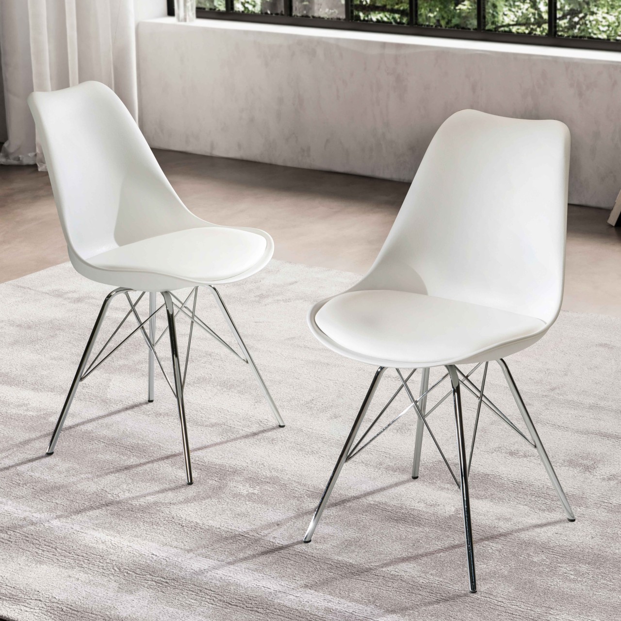 Wohnling Esszimmerstuhl 2er Set Weiß Küchenstuhl Kunststoff mit silbernen Beinen