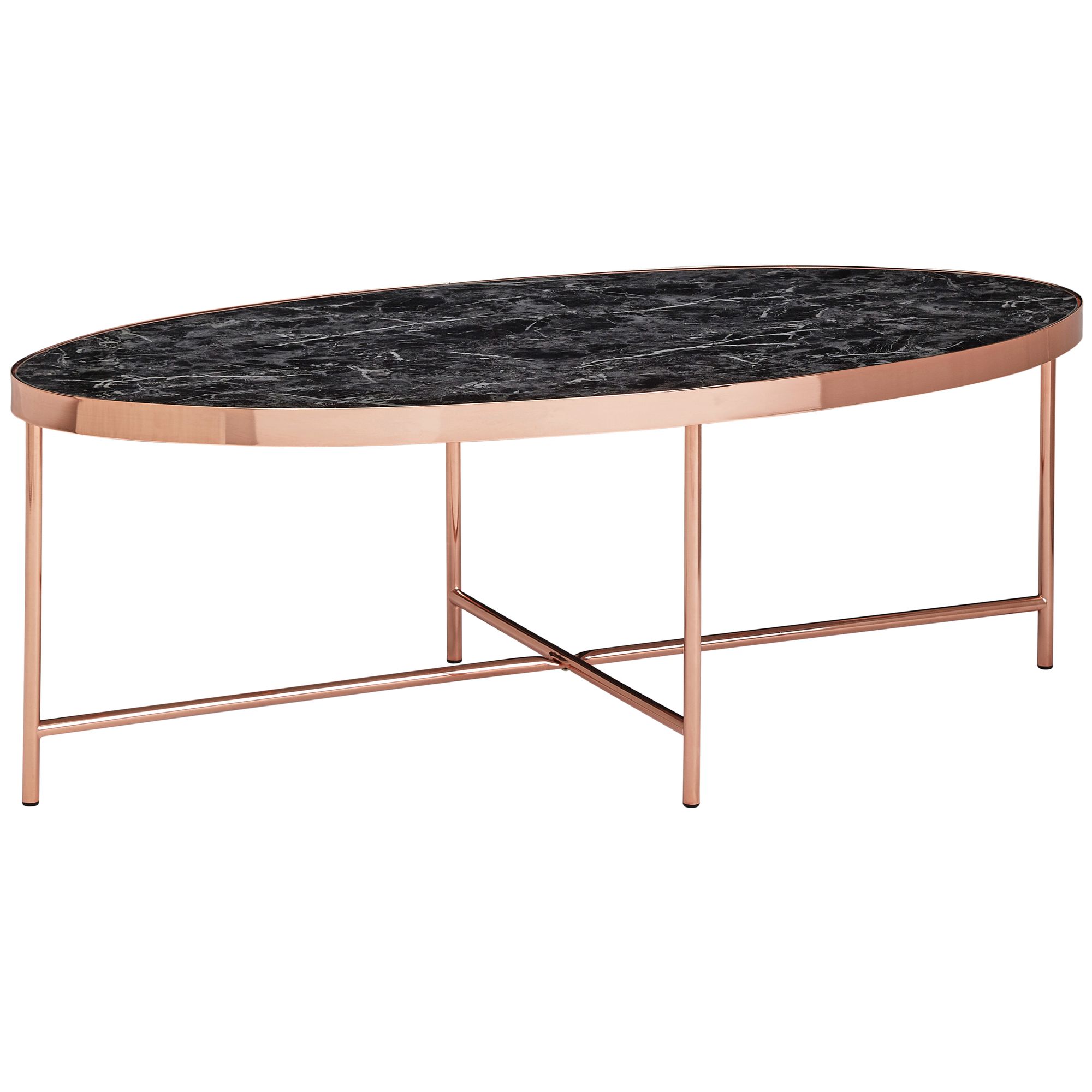 WOHNLING Design Couchtisch Marmor Optik Schwarz - Oval 110 x 56 cm mit Kupfer Metallgestell | Großer