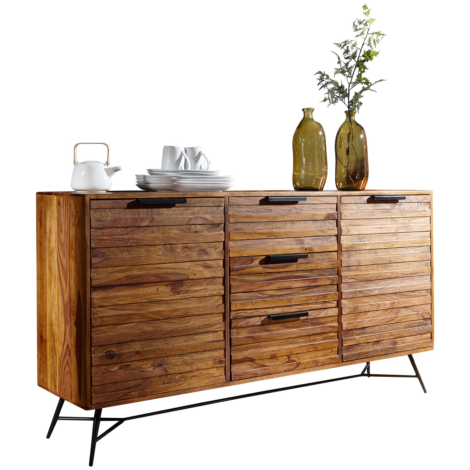 WOHNLING Design Sideboard NISHAN 160 x 40 x 88 cm Sheesham Massiv Holz | Kommode mit Türen