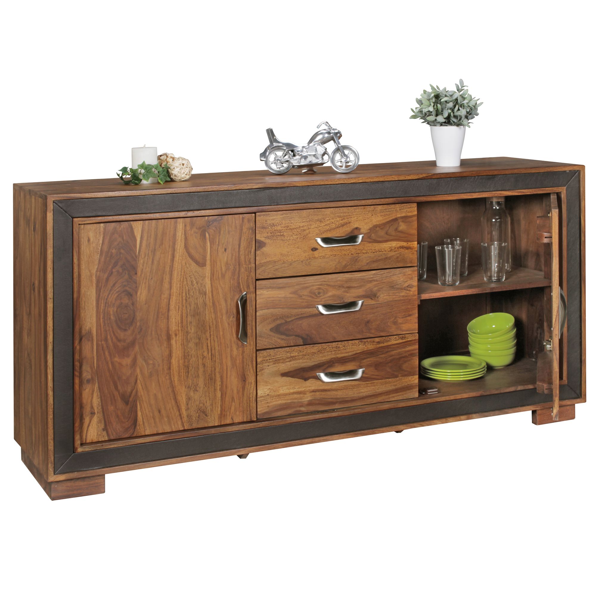 tinkaro Sideboard rechteckig SIBYLLA Sheesham Massivholz mit Kunstleder Kommode Braun
