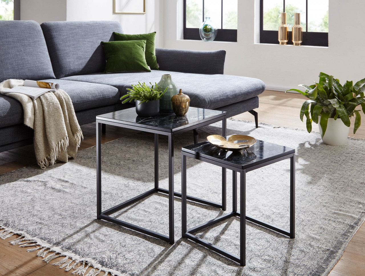 WOHNLING Design Beistelltisch 2er Set Schwarz Marmor Optik Eckig