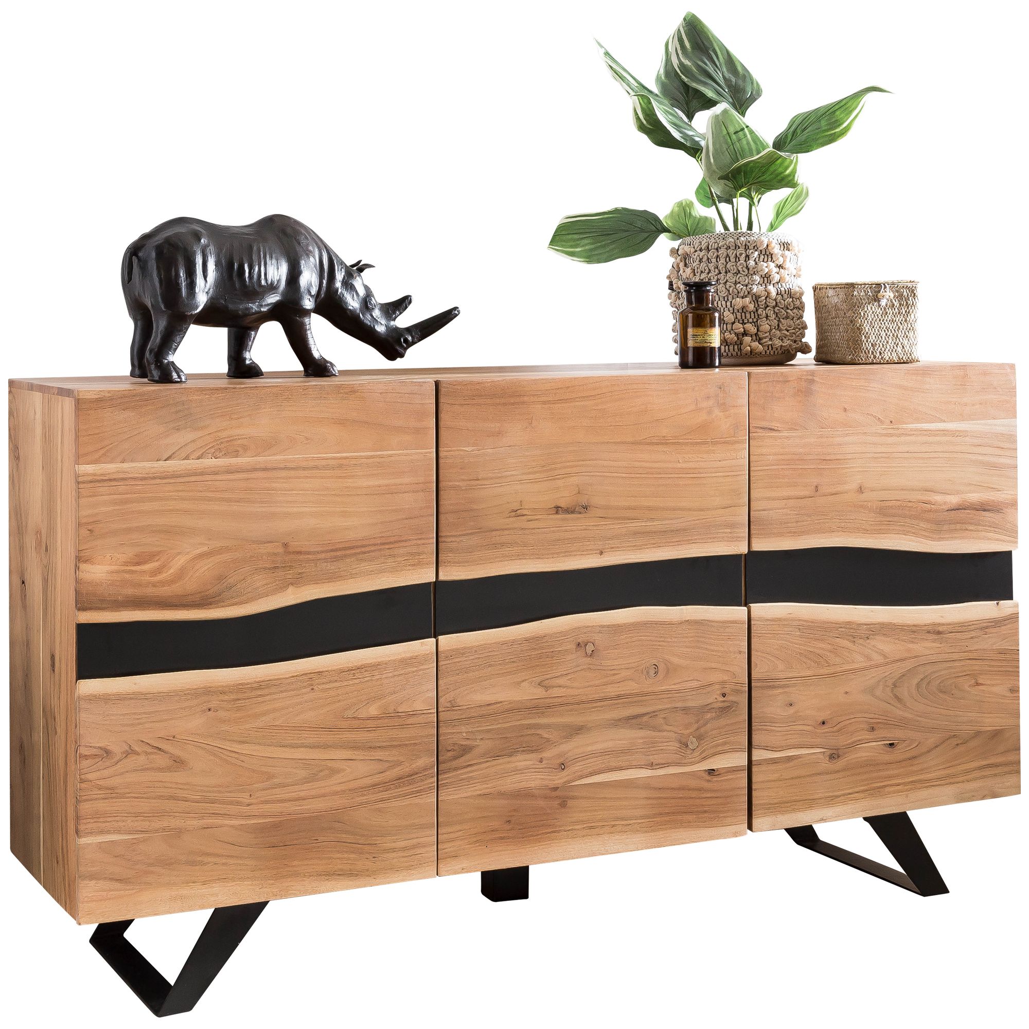 WOHNLING Sideboard SATARA Massiv-Holz Akazie Natur Baumkante Anrichte