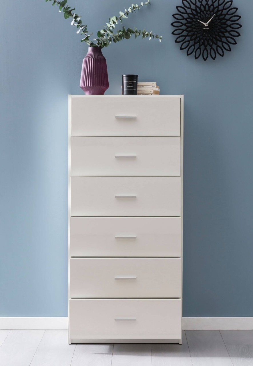 WOHNLING Design Highboard Raya Weiß Hochglanz 60x130x30 cm Anrichte Holz Modern