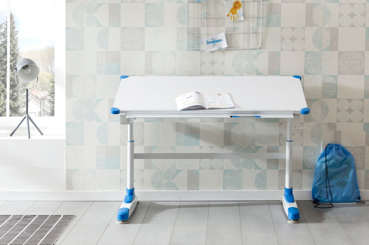 WOHNLING Design Kinderschreibtisch Felix 119 x 67 cm Blau/tisch Weiß Maltisch